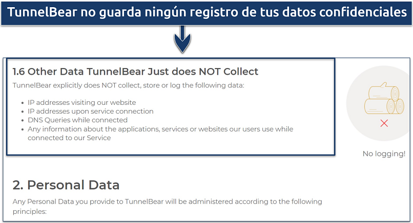 A screenshot showing TunnelBear doesn't holds on to sensitive information like IP addresses and DNS queries 