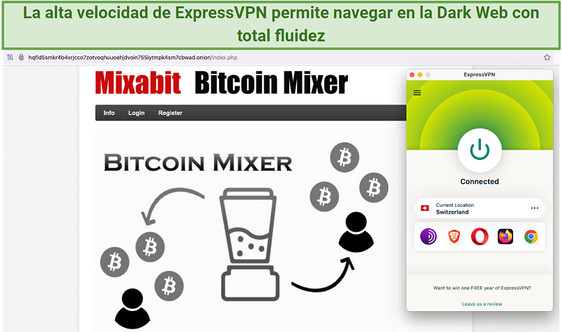 Screenshot showing the ExpressVPN app connected to a server in Switzerland over a Tor browser