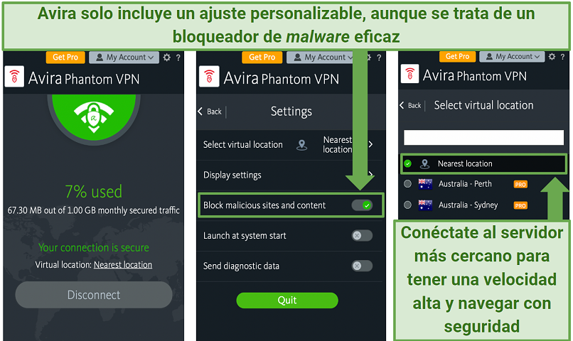 Screenshot of Avira Phantom VPN's basic app