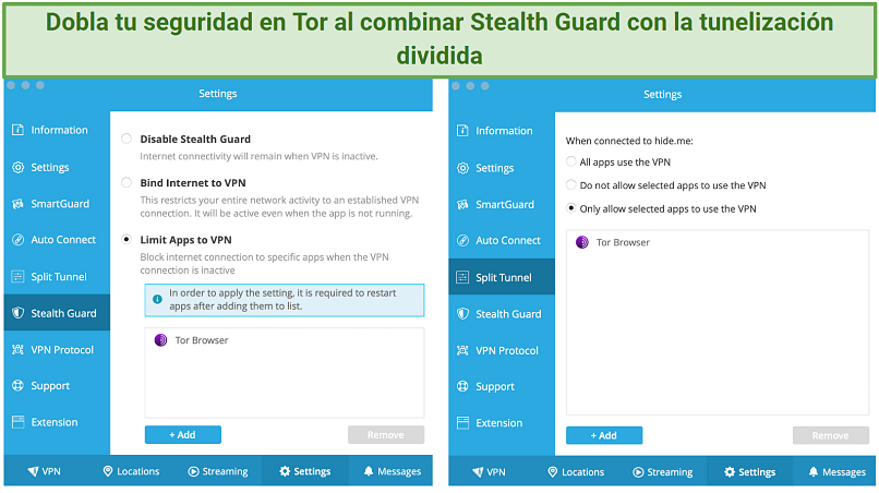 Screenshots of hideme's Stealth Guard and Split Tunnel features