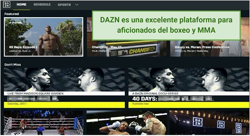 Picture of DAZN streaming service interface with boxing matches