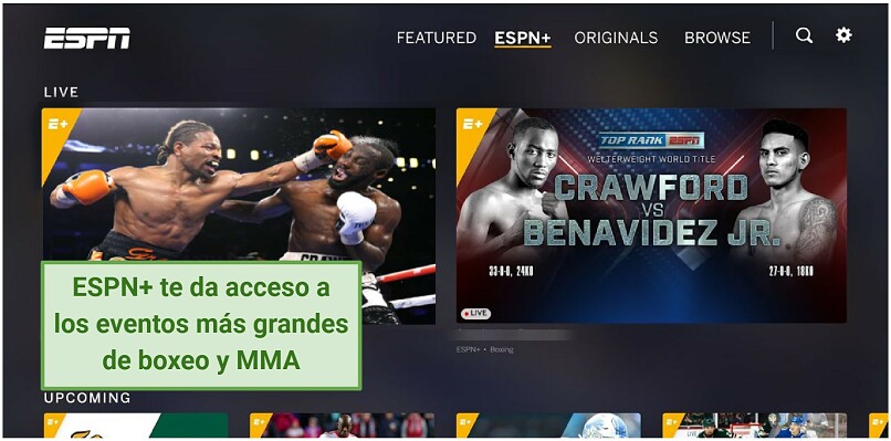 Screenshot of ESPN+ boxing and MMA matches