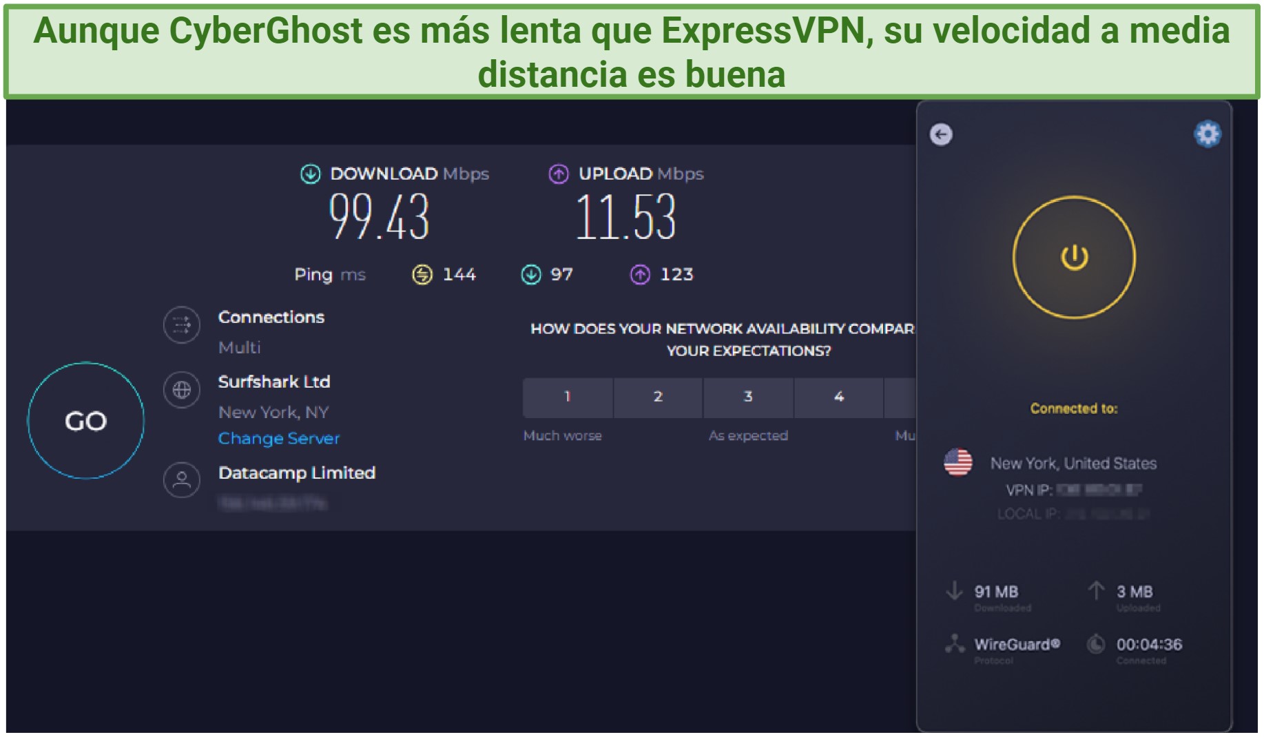 Screenshot showing the CyberGhost app connected to a server in New York over an online speed test