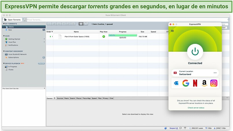 Screenshot showing the ExpressVPN app connected to a server in Switzerland over Vuze torrent downloading client