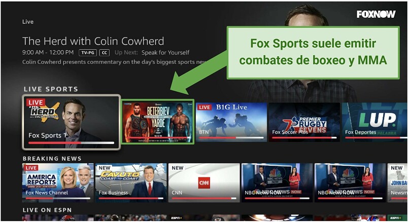 Screenshot of FOX Sports interface and a boxing match