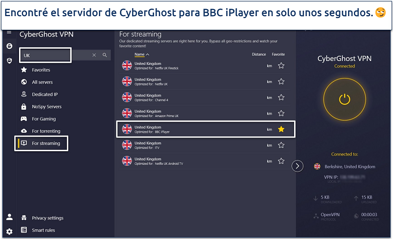 A screenshot of CyberGhost's app interface with its UK streaming servers.