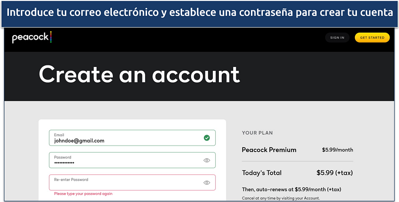 Screenshot of Peacock TV web page showing the create an account page