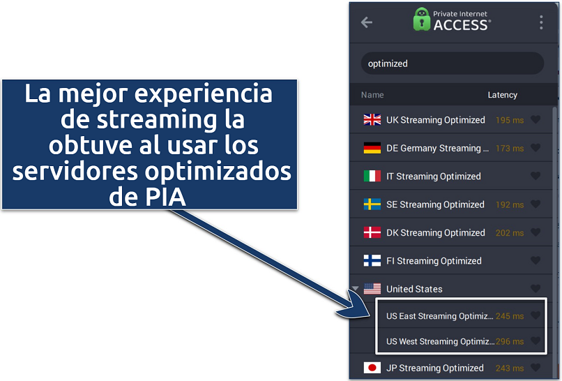 Screenshots of PIA server list showing the servers optimized for streaming