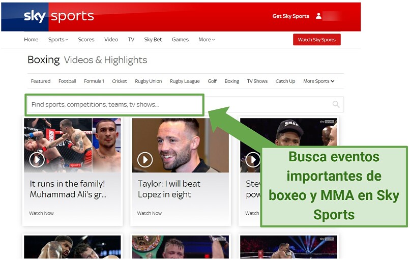 Screenshot of Sky Sports website showing boxing & MMA live fights