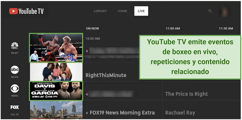 Screenshot of YouTube TV interface with boxing matches