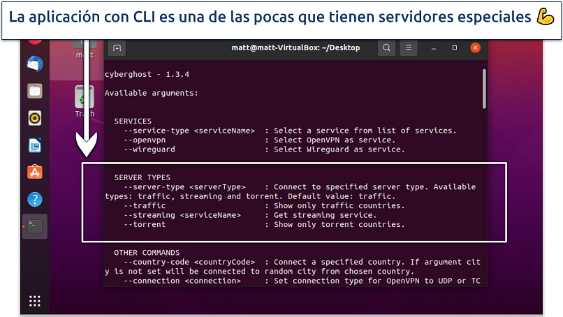 A screenshot showing that CyberGhost's CLI app comes with specialist servers for torrenting and streaming