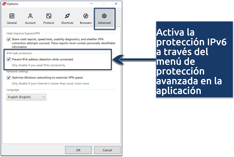 Screenshot showing how to activate ExpressVPN's IPv6 leak protection