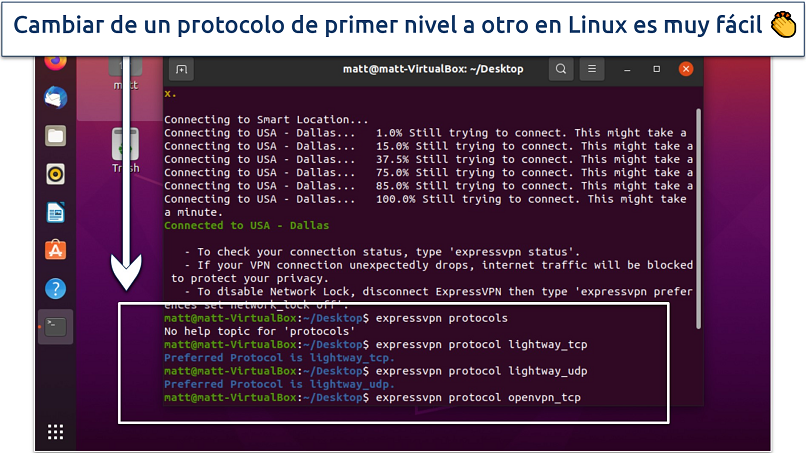 A screenshot showing it's easy to switch between protocols on Linux using the ExpressVPN CLI app