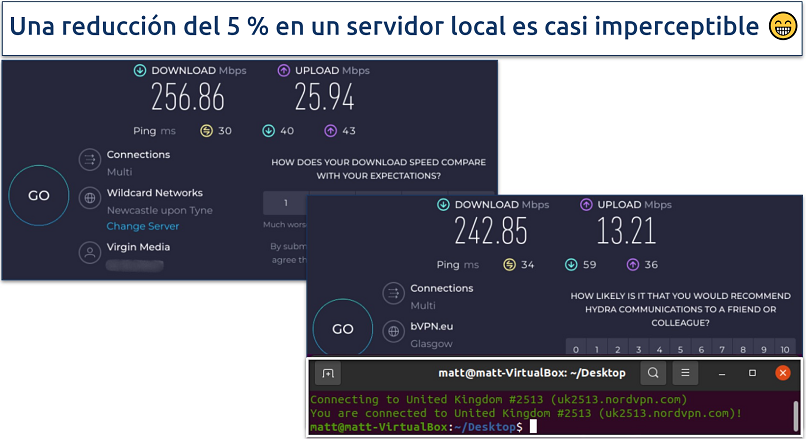 A screenshot of Ookla speed tests done while connected to NordVPN UK server and with no VPN connected