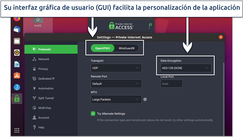 A screenshot showing how straightforward it is to customize a connection using the Private Internet Access (PIA) GUI client for Linux