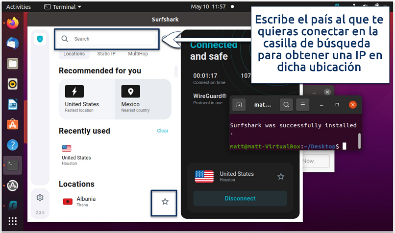 A screenshot showing it's easy to find and connect to a server with Surfshark GUI app