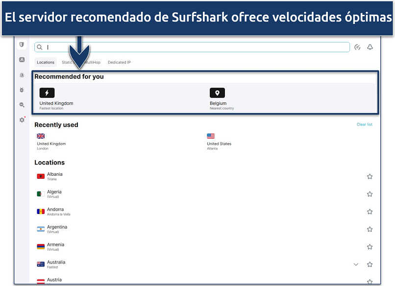 Screenshot of Surfshark's server list