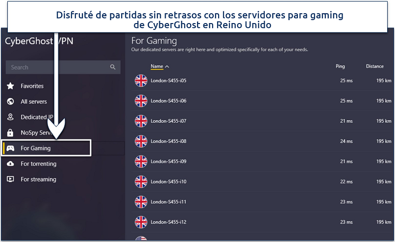 Screenshot showing a list of CyberGhost's gaming-optimized servers
