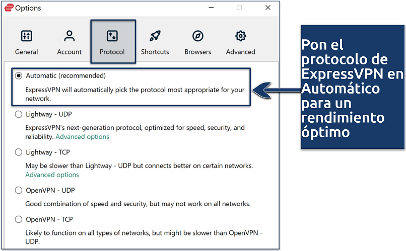 Screenshot showing how to change protocol in ExpressVPN