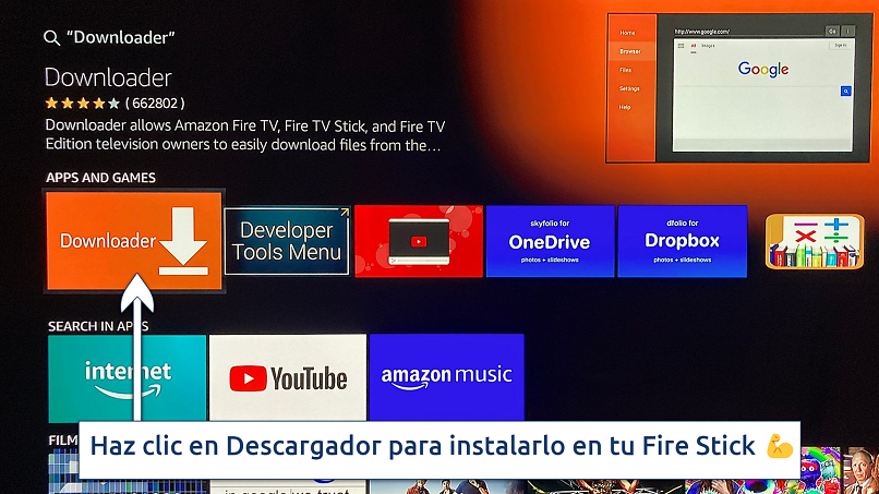 Screenshot showing how to install Downloader onto a Fire TV Stick