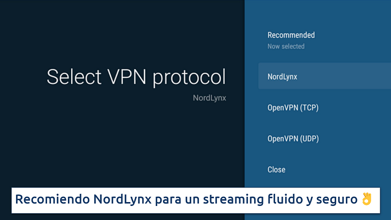 Screenshot showing protocol selection page on NordVPN's Fire Stick app