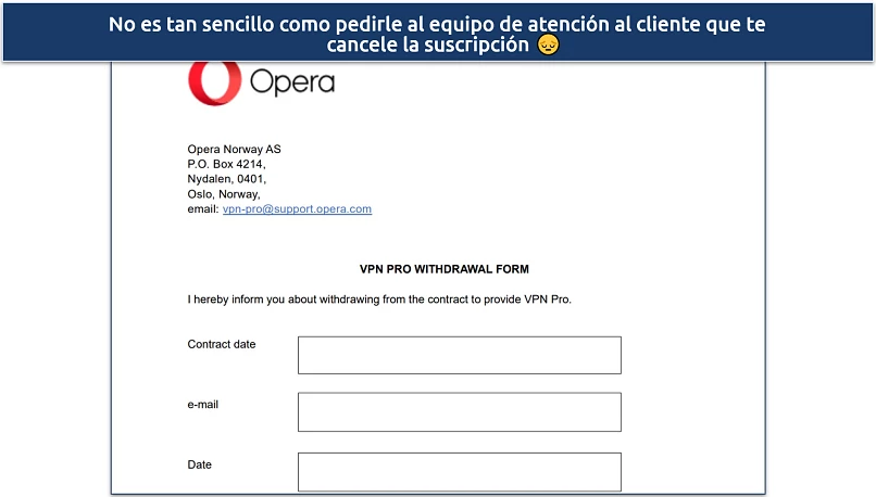 Screenshot of the withdrawal form available on Opera website
