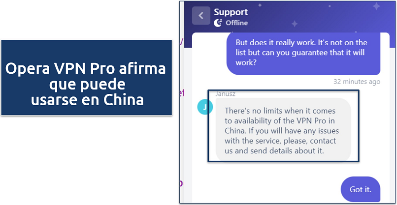 Screenshot of chat response where Opera VPN agent claims it can be used in China