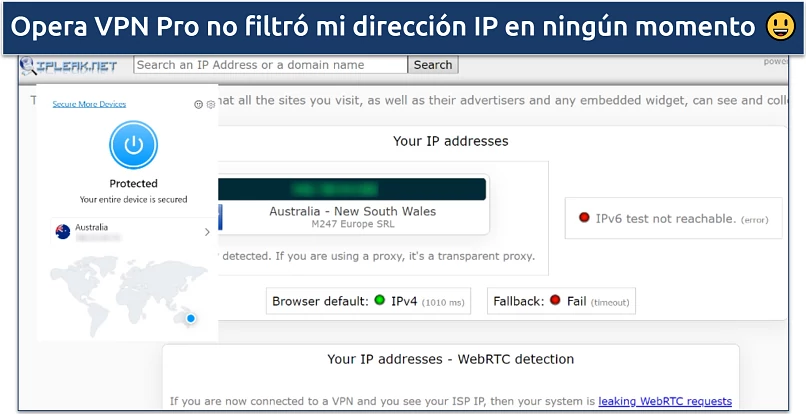 Screenshot of tests done on ipleak.net while connected to an Australia Opera VPN Pro server