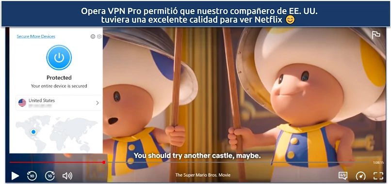 Screenshot of Netflix player streaming The Super Mario Bros Movie while connected to a US Opera VPN Pro server