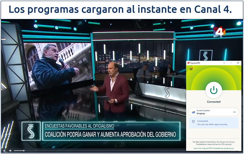 Screenshot showing a TV show playing on Canal 4 with ExpressVPN connected to a Uruguay server