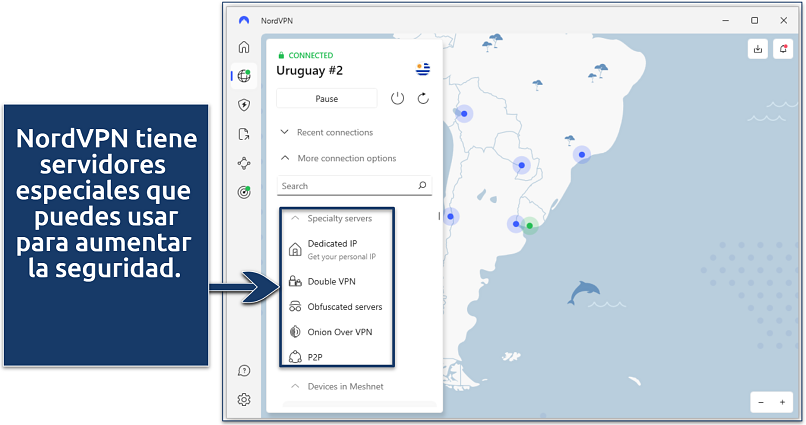 Screenshot of the NordVPN app showing its specialty servers