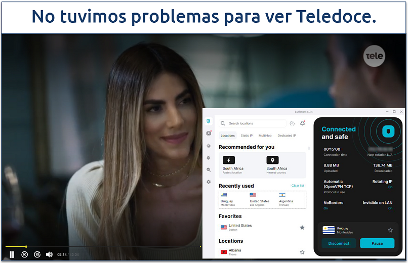 Screenshot showing a TV show playing on Teledoce with Surfshark connected to a Uruguay server