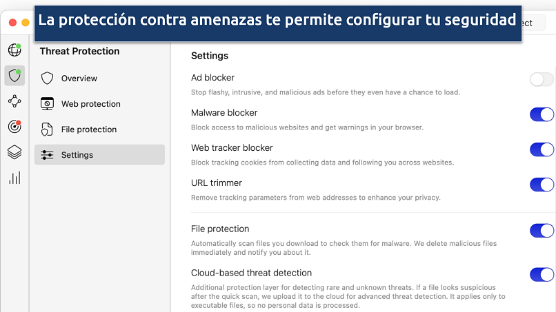 Screenshot of the NordVPN Settings panel with the customization options of Threat Protection