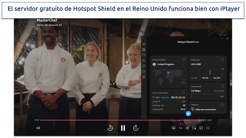 Screenshot of Hotspot Shield's free UK server working to stream MasterChef on BBC iPlayer