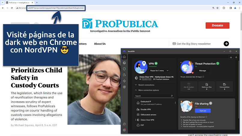 Screenshot of the NordVPN app connected to an Onion Over VPN server over ProPublica's mirror site on Chrome browser