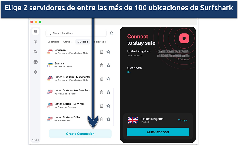 Screenshot showing the MultiHop server list on Surfshark's app