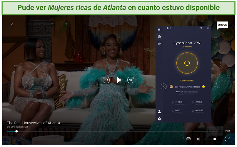 Screenshot of streaming The Real Housewives of Atlanta on DIRECTV STREAM while connected to CyberGhost.