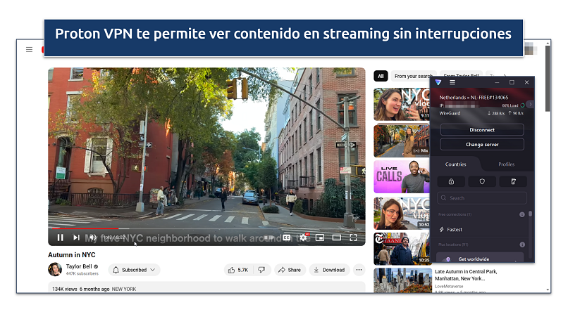 Screenshot of YouTube streaming with Proton VPN connected