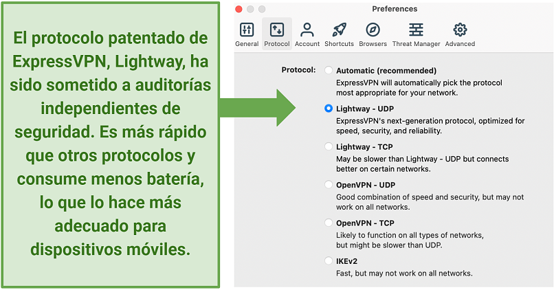 Screenshot of ExpressVPN protocols