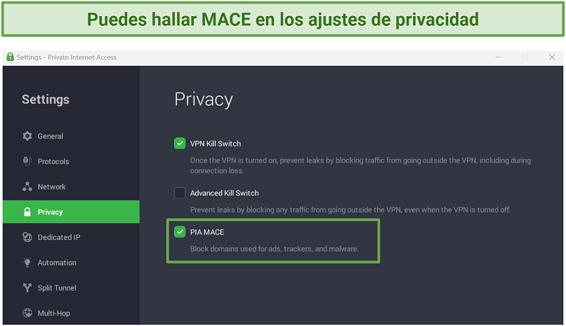 Screenshot of PIA's MACE settings