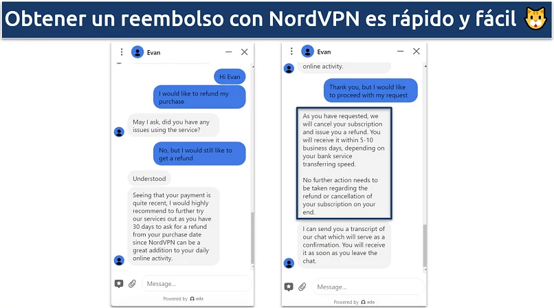 Captura de tela da conversa com o agente de suporte do chat ao vivo do NordVPN solicitando um reembolso durante o período de garantia de 30 dias