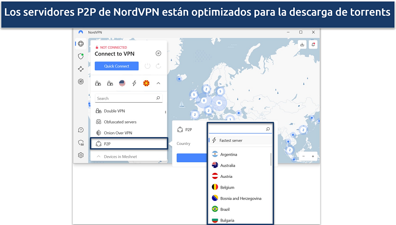Screenshot of NordVPN's Windows app showing specialty P2P torrenting servers