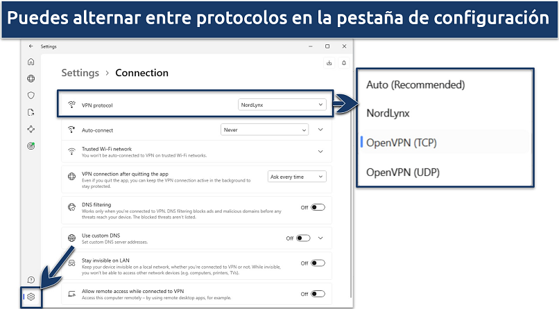 Screenshot of NordVPN's protocol settings