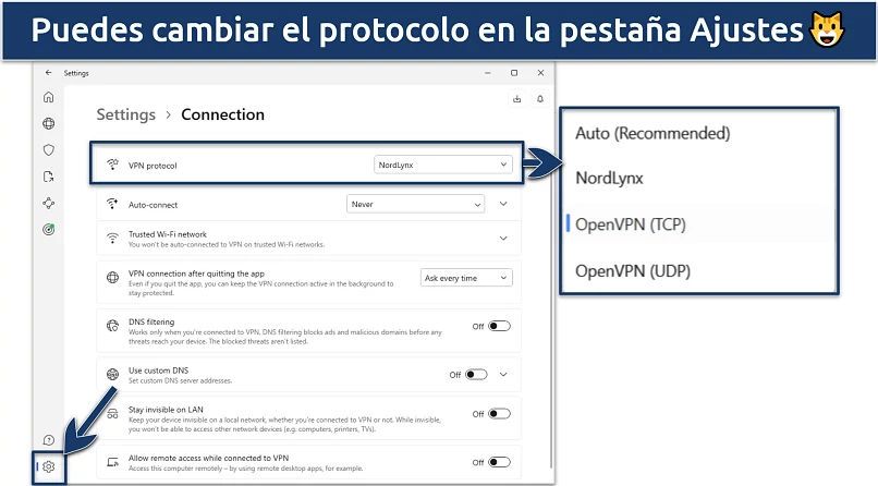 Captura de tela das configurações de protocolo do NordVPN