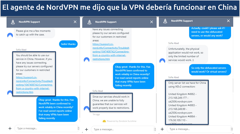 Screenshots of conversation with NordVPN's live chat agent 