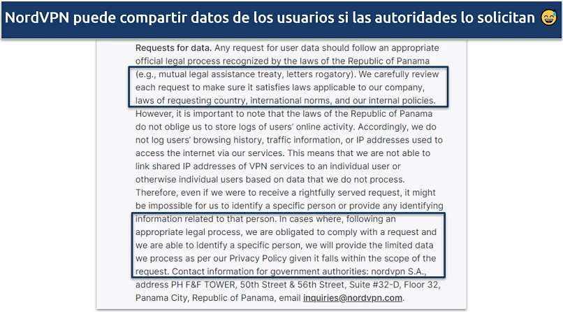 Captura de tela da política de privacidade da NordVPN mostrando que pode compartilhar dados do usuário se solicitado