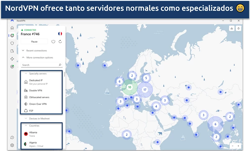 Captura de tela do aplicativo Windows do NordVPN destacando os servidores especiais e regulares