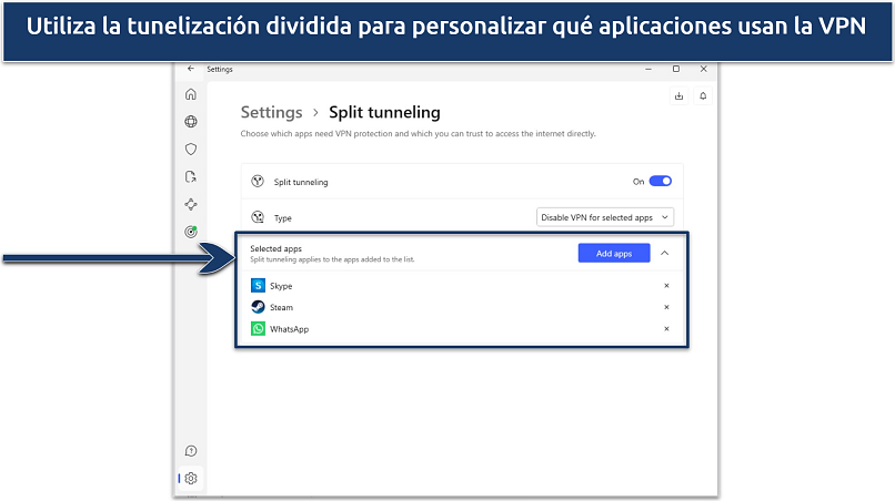 Screenshot of NordVPN's Windows app showing the split tunneling feature