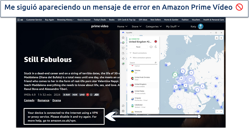 Screenshot of NordVPN resulting in an error message when trying to access Amazon Prime Vídeo