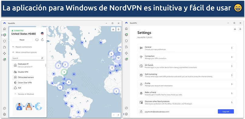 Captura de tela do aplicativo Windows NordVPN mostrando a página do servidor do aplicativo e a página de configurações